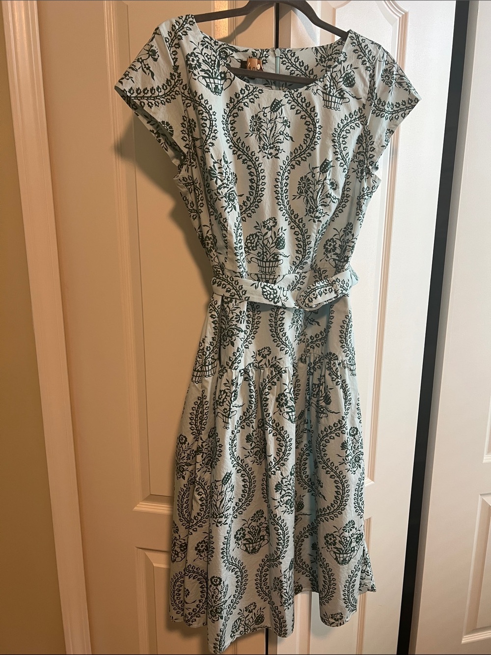 Talbots pale blue Midi Dress with Dark Green Floral Motif